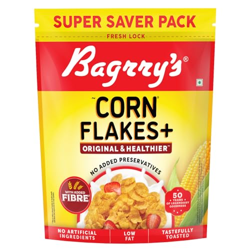 Bagrry’s Corn Flakes Plus 1kg Pouch| Original and Healthier | Low Fat & Cholesterol | High Fibre | Deliciously Crunchy | All Natural CornFlakes | Breakfast Cereal