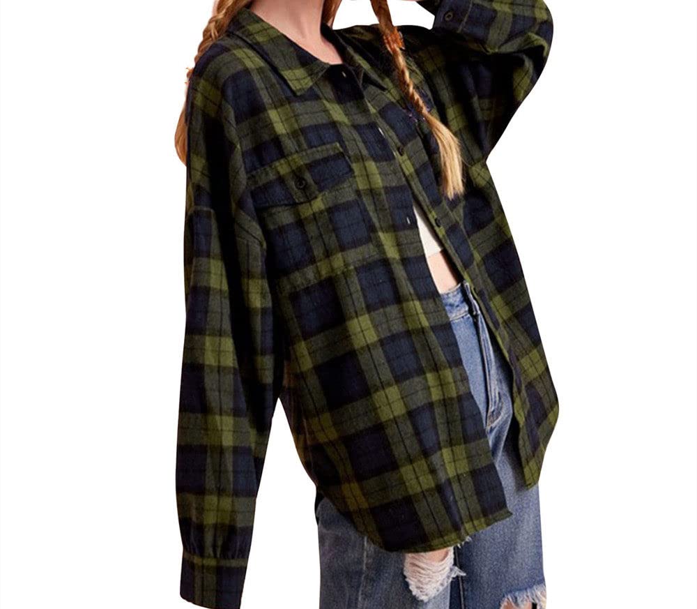 MIDJ Bluse Elegant Damen Hemd, Damenhemden Flanellhemden Gelb Kariert Holzfällerhemden Lockere Freizeitjacken Zarte Knopfleiste Strickjacke Vintage Sexy Hemden Jacken Boyfriend Tops