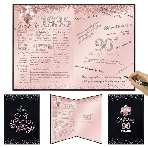 Image of Vlipoeasn 90th Birthday Party Guest Book for Women, Creative 1935 Poster Sign in Book, Pink and Black Back in 1935 Signature Book, 90 Year Old Birthday Party Decorations Centerpieces Supplies
