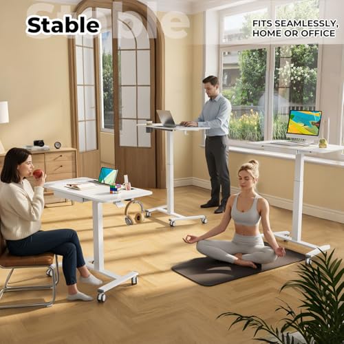 Image of Mobile Standing Desk with Drawer, 40 inch Small Standing Desk with Cup Holder, Rolling Laptop Workstaion on Wheels, Height Adjustable Table with Storage for Home Office, White