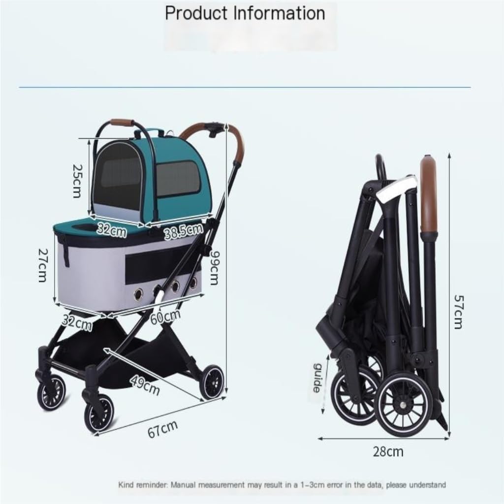 Pet Strollers Automatic Folding Double-Layer Pet Stroller Detached Pet Stroller Lightweight Small and Medium-Sized Stroller Pet Stroller Medium(Green)