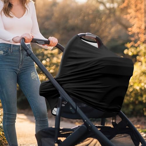 Image of Solid Color Car Seat Nursing Breastfeeding Cover, Multi Use Cover Cozy Carseat Canopy Cover, Infant Babies Stroller Cover,Ultra Soft Stretchy Nurse Gifts - Black Breastfeeding Cover