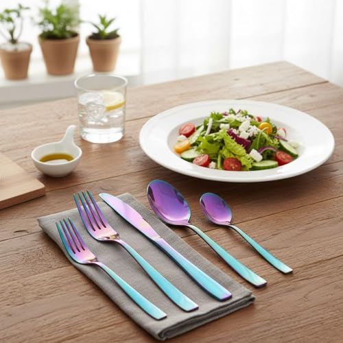 Image of 30 Pcs Rainbow Cutlery Set for Dining Table the Perfect Mirror Polish Hevy Duty Tableware Including Dinner Spoon, Dinner Fork, Dinner Knife, Dessert Spoon & Dessert Fork
