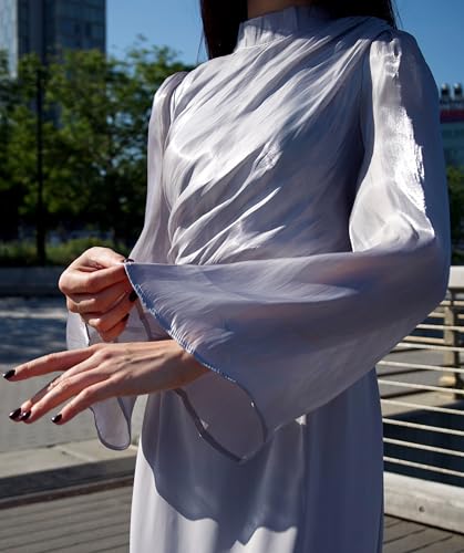 Satin Midi Dress for Women Long Sleeve High Neck Empire Waist Formal Gown Hijab Friendly Elegant Wear Flared Cuffs4
