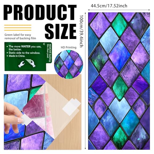 Image of Nuxovilar Stained Glass Window Film Purple Teal Diamond Pattern PVC 17.7 x 39.4 Inches Window Clings for Glass Surface Privacy Decor for Entryway Bedroom Sliding Door