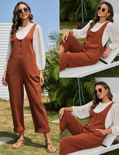 Image of Yeokou Womens Overalls Linen Cotton Jumpsuits Loose Casual Jumpers with Pockets
