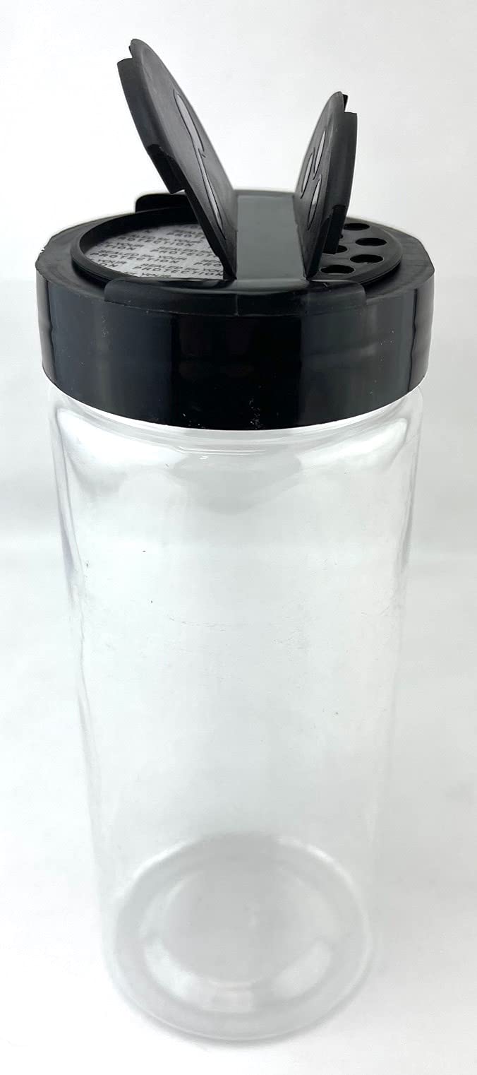 KC Commerce Botellas de plástico para especias de 16 onzas con tapa abatible negra para verter o tamizar, organizador de condimentos, sin BPA, perfecto para almacenar especias, polvos y hierbas