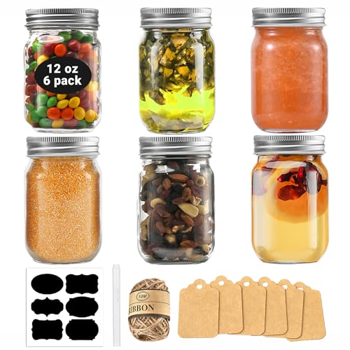 Rainforce Mason Jars 12 oz Regular Mouth 6 Pack 12 oz Glass Jars with Silver Lids for Canning Honey Spices Candle Making Pint Storage & Meal Prep Frascos De Vidrio Con Tapa
