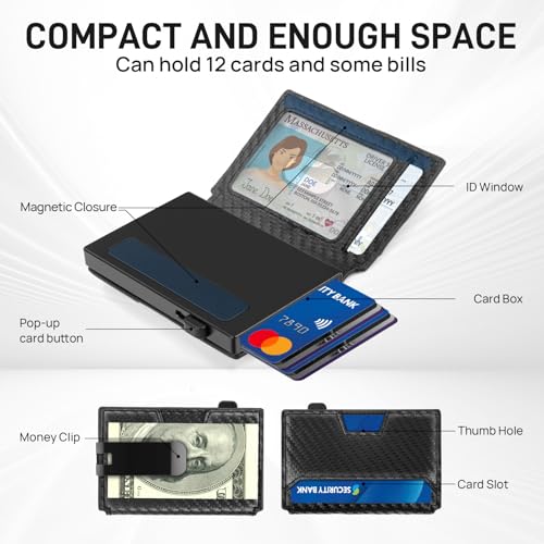 Slim Wallet for Men, Mens Wallet RFID Blocking Minimalist Compact Men's Slim Pop-Up Card Holder with Money Clip ID Window Bifold Leather Front Pocket Wallets for Men (Black-Carbon Fiber)2