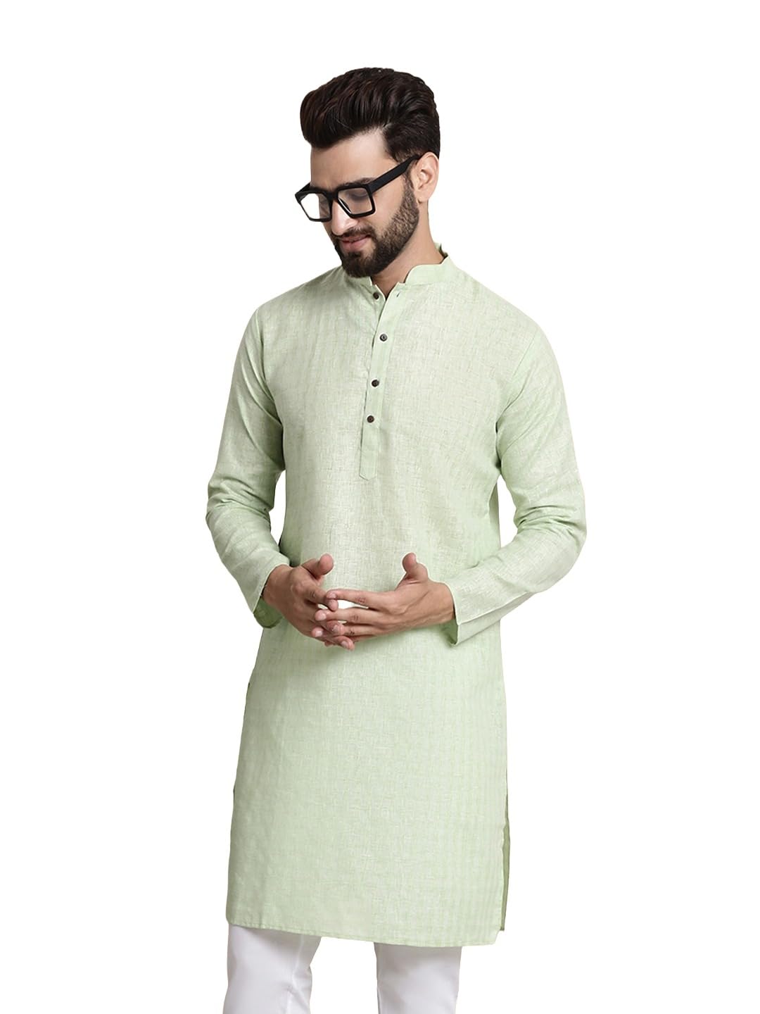 Libas Pastel Green Cotton Blend Kurta with Contrast Button Detailing in green