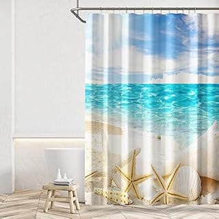 Shower Curtain, Cloth Fabric Beach Shower Curtain Starfish Sand Bath Curtain Polyester Fabric Shower Curtains Washable Bath Curtain Mildew Resistant Bath Accessories 180 x 180 cm (71 x 71 Inch)