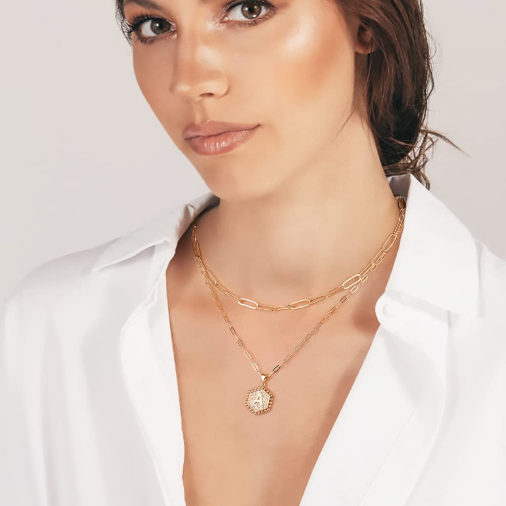 Geschichtete anfängliche goldene 14k festes über Buchstaben Halsketten Papierklick Kette Halskette Gold Schmuck Mädchen für Mutter Frauen Teen