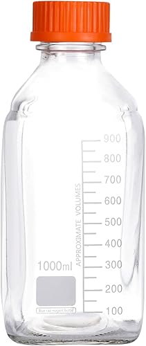 Moonetto 4 botellas de almacenamiento de vidrio graduado cuadrado de laboratorio de 33.8 fl oz con tapa naranja de polipropileno GL45
