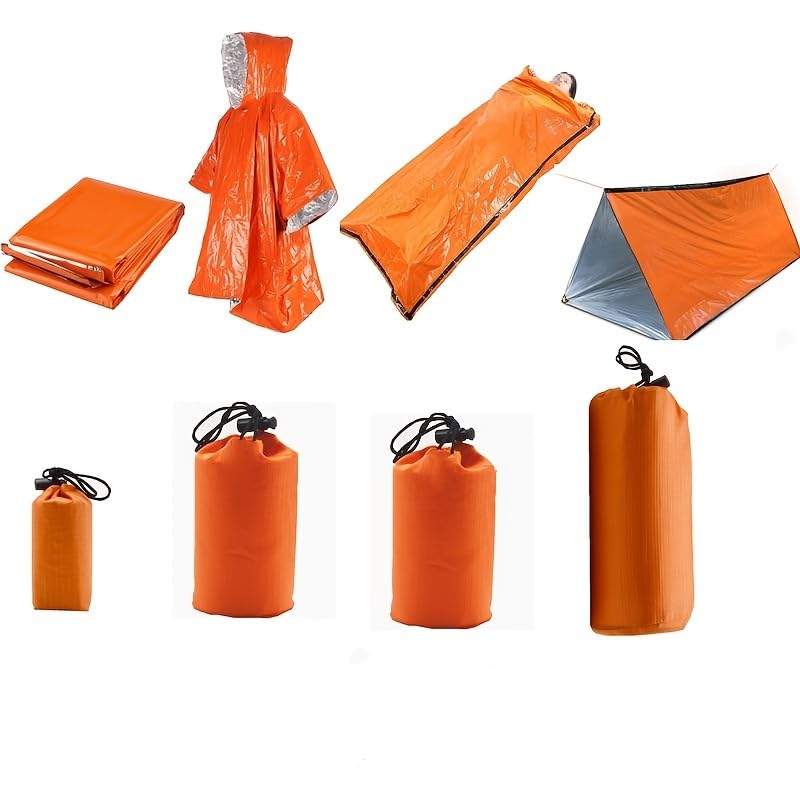 Emergency Shelter Sets, Survival Shelter 1 Survival Tent 1 Mylar Blankets 1 Emergency Sleeping Bag 1 Poncho for Outdoor Carcar Kits, Camping, Hiking (Orange)