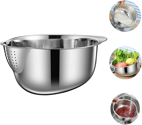 Lavvi - Cuenco de acero inoxidable para lavar arroz, versátil 3 en 1, colador para cocina, verduras, frutas, plata, 9.84 pulgadas