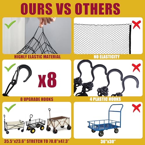 Image of Cargo Net for Utility Folding Wagon, Beach Cart,Trolley Cart, Wagon net Cover,Garden Cart Cover Net - Elastic Heavy Duty Nylon Net with 8 Hooks (35.5 inchx23.6 inch to 71 inchx47 inch)(8)