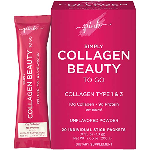 Pink Collagen Powder to Go | 20 Travel Packets | Unflavored Powder Type 1 & 3 | Gluten Free & Non-GMO Grass Fed Peptides