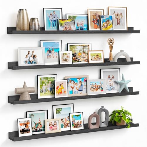 Forbena 48 Inch Black Picture Ledge Shelf Set of 4, Extra Long Floating Shelves for Wall with Lip, Narrow Wall Mounted Shelves for Living Room Bedroom Photo Frames, Art Pictures, Books, Legos