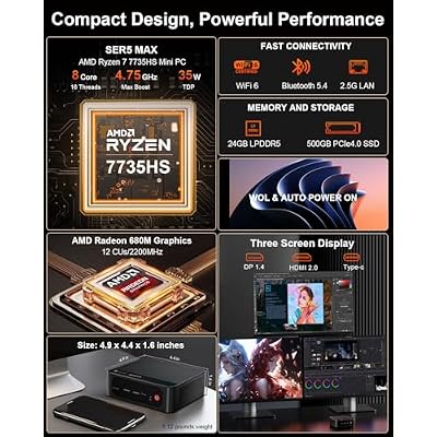 Beelink Mini PC, SER5 MAX Ryzen 7 7735HS (8C/16T, Turbo 4.75GHz), 24GB LPDDR5 RAM 500G PCIe4.0 SSD, Mini Desktop Computers Support 4K Triple Display/WiFi 6/BT5.4/DP+HDMI+USB-C/RJ45 2.5G LAN