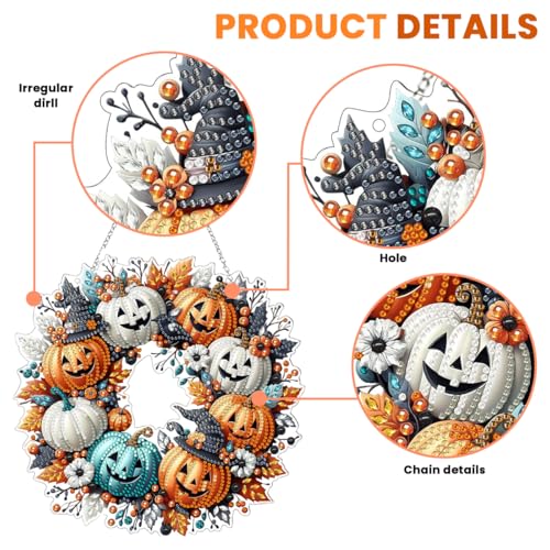 Image of PATPAT DIY Halloween Ornament Diamond Art Craft Kit, 9.4'' Dia Door Hanging Ornament, Classic Pumpkin Design, DIY Diamond Art Wreath for Halloween Room Decor, Party