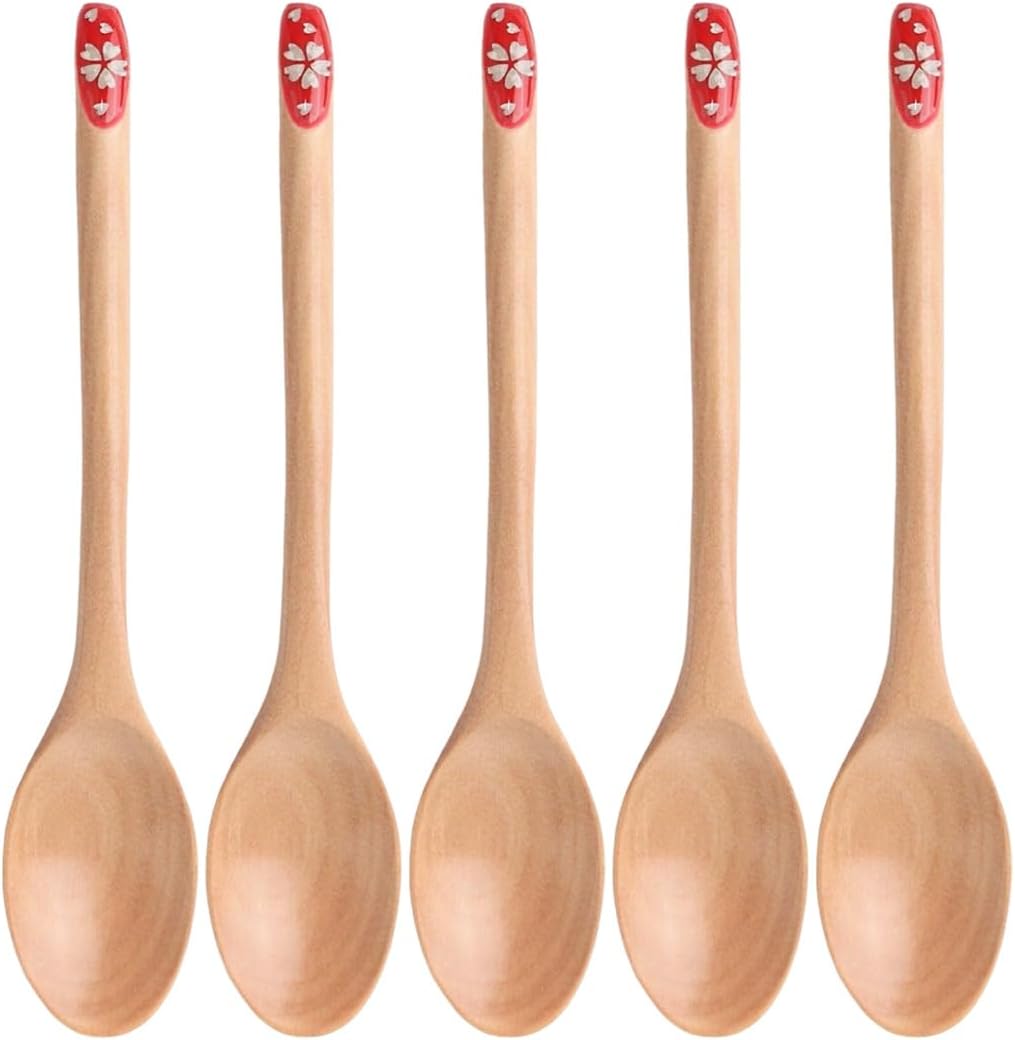 J-kitchens Wooden Coffee Spoons, Cherry Blossoms, Red, 5 Pieces, 5 Pieces, 5 x 1.0 inches (12.9 x 2.6 cm)
