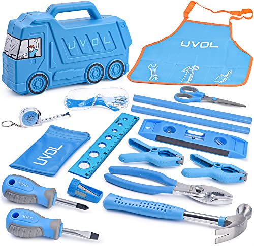 Kids Real Tool Set, Tools for Kids with Truck Tool Case 18 Pcs Blue Metal Tools, Kids Learning Tool Kit for Home DIY and Woodworking, Real Tools for Kids.