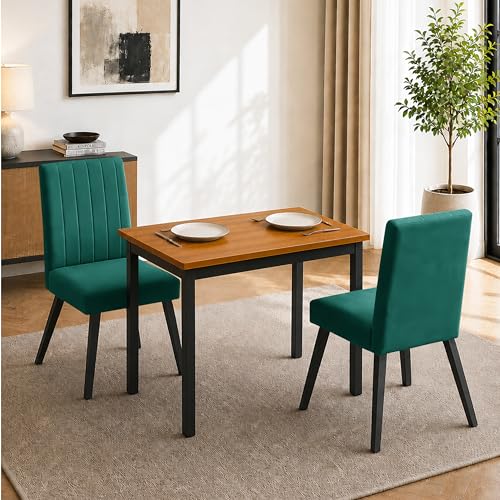 Image of Rosebell Set of 2 Dining Table Chairs with Wooden Top Table, Upholstered Cushioned Chairs, Modern Compact Dining Set for Home, Kitchen & Dining Room (Green)
