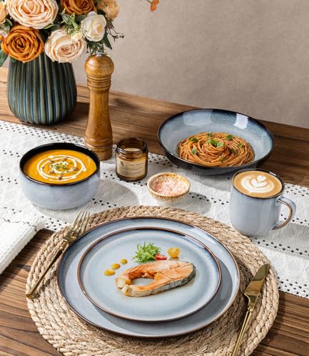 Image of LeRATIO Ceramic Dinnerware Set of 4, Poreclain Plates, Bowls, Handmade Reactive Glaze Dishes, Chip Resistant, Oven & Dishwasher Safe, Service for 4-Gray White