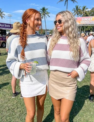 Image of ZESICA Women's 2026 Fall Long Sleeve Oversized Striped Color Block Comfy Loose Crew Neck Knitted Pullover Sweaters