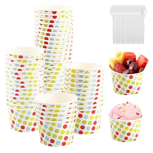 shallyong Eisbecher Pappe 50 Stück Eisbecher Set mit 50 Stück Löffel Pappbecher Bunt Pappbecher Dot Dessertbecher Pappschalen für EIS Dessert Gefrorenen Joghurt