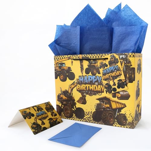 JAYTEM Birthday Gift Bag 13 Gift Bag Monster Truck Heavy Duty Construction Theme with Greeting Card Tag Envelope & Tissue Paper for Kids Boys