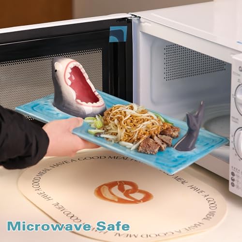 Image of 2 Pack Ceramic Shark Taco Holder Plate, Shark Sushi Plates, Funny Handmade Kitchen Salad Plates with Dipping Sauce Bowl, Microwave /Oven /Dishwasher Safe Plates, Birthday Gifts for Shark Party Lovers