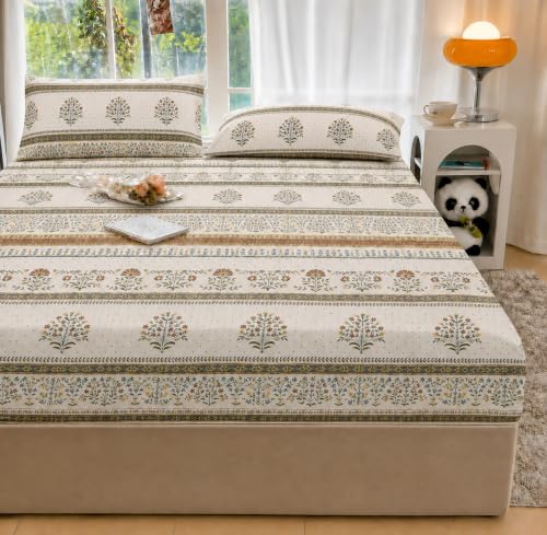 Image of VOMZER King Size (72x78) 300 TC Soft Cotton Feel Microfiber All Around Elastic Fitted Double Bedsheet with 2 Pillow Covers | White Jaipuri