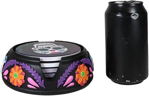 Miniatura 7 de Ebros Gift Juego de posavasos de resina floral con diseño de calavera de azúcar, diseño gótico tribal con 4 flores de calavera de azúcar, juego de