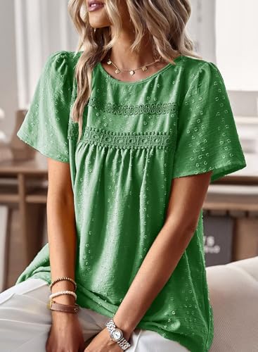 Image of Falechay Womens Summer Tops Crewneck Short Sleeve Shirts Casual Chiffon Blouses Flowy Lace Hem Boho Clothing Trendy 2026