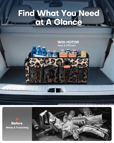 Image of HOTOR Trunk Organizer - Foldable Car Organizer for SUVs & Sedans Storage | Sturdy Car Organization for Men & Women, Car Accessories, Tools, Sundries, Leopard, 2 Compartments, 21.3 inch x 12.6 inch x 10.6 inch