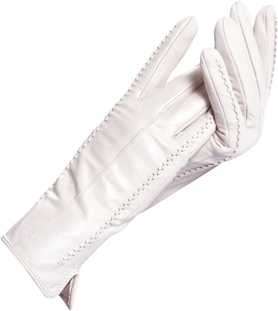 Białe Skórzane Rękawiczki Damskie, Prawdziwa Skóra, Bawełniana Podszewka Ciepła, Modne Skórzane Rękawiczki, Beige, 7.5