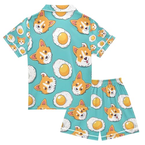 senya Cute Dog Yolk Satin Summer Pajama Sets Silk Short Sleeve Button Down Sleepwear2