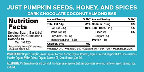 Health Warrior Pumpkin Seed Protein Bars, Dark Chocolate Coconut Almond, 12 Count