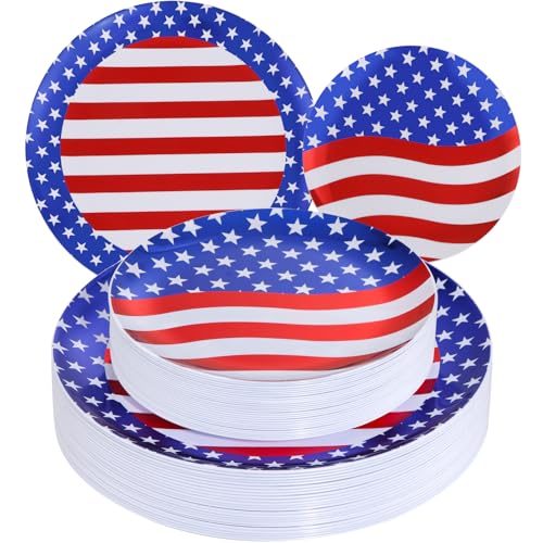 NOCCUR 60PCS 4th of July Plates - Red White and Blue Plastic Plates Disposable - American Flag Patriotic Plates Include 30PCS 10.25inch Dinner Plates, 30PCS 7.5inch Salad Plates - For Independence Day