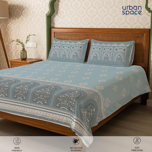 Image of Urban Space Regal 300 TC 100% Cotton Bedsheet for Double Bed, Panel Design Bedsheet, Printed Queen Size Bed Sheet with 2 Pillow Covers (90 x 108 Inches, Jharokha Dusty Blue)