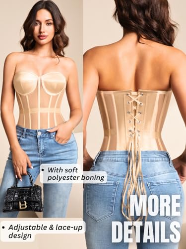 Image of Kaei&Shi Sheer Mesh Overbust Corset,Sexy Strapless Lace Up Satin Bra Corsets Top For Women Shapewear