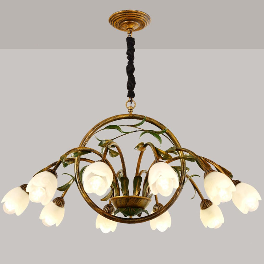 KXEcoLife E14 American multi-head chandelier, pastoral style flower retro copper and iron decorative lighting for bedroom, living room restaurant,B,10 heads