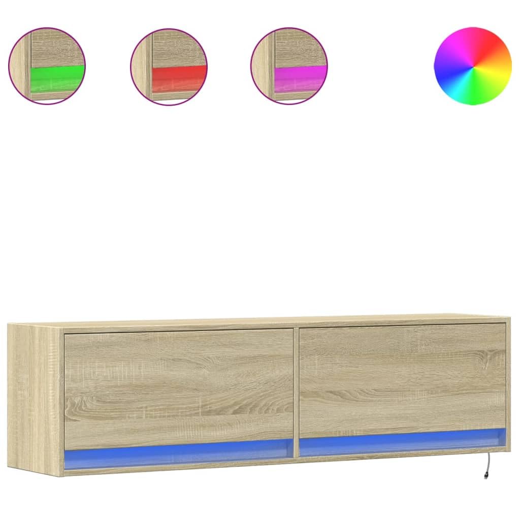 Mueble de TV de pared con iluminación LED RGB, roble de sonoma, 140 x 31 x 38 cm, mueble de TV colgante con 2 cajones, mueble de pared con luz de fondo ajustable, moderno debajo de la TV