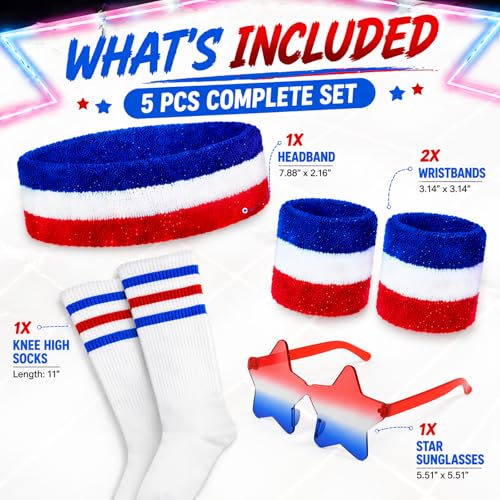 Foxzone Sweatbands, Headband, Wristbands, Knee High Striped Socks & Star Sunglasses, Retro 80s Costume Accessories for Party, Halloween, Gym, Sports Events & 4th of July for Women Men - image 2