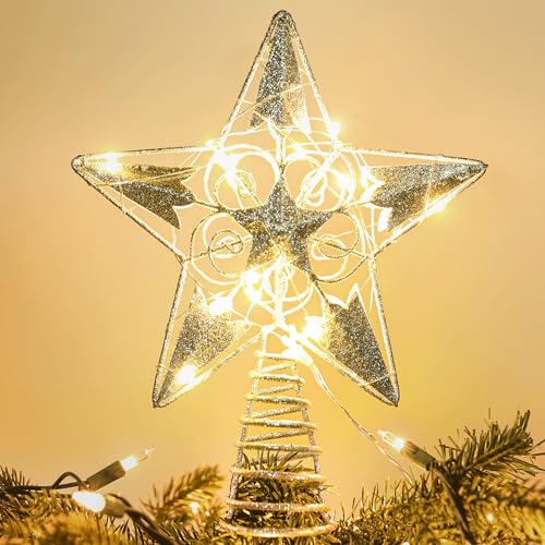 Brizled Silver Star Tree Topper Lights, 8'Hollow-Out Christmas Star Treetop with 20 LED Warm White Lights, Battery Powered Christmas Tree Top Star for Xmas Tree Indoor Party Home Office Decoration