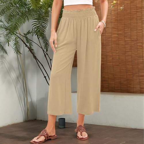 Capri Pants for Women High Waisted Wide Leg Linen Pants Elastic Smock Waist Flowy Palazzo Pant Summer Beach Pant4