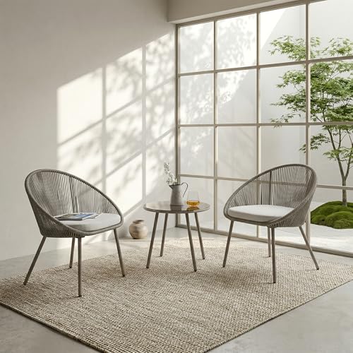 Image of BRISHI Garden Patio Seating Chair and Table Set Outdoor Balcony Garden Coffee Table Set Furniture with 1 Table and 2 Chairs Set with Cushion Braid & Rope (Light Grey.)