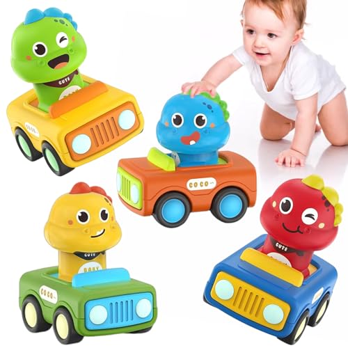 Coches de juguete a partir de 1, 2 y 3 años, 4 piezas de coche a partir de 1 año, coche de prensa y go para niños pequeños, dinosaurios para bebés a partir de 1 año, regalo de cumpleaños para niños a