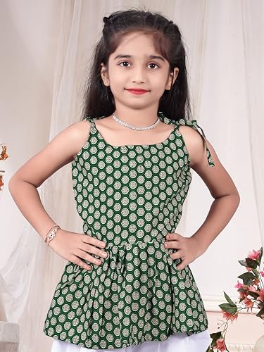 Image of Girls Ethnic Printed Peplum Top and White Dhoti Pant Set | Stylish Sleeveless Kurti with Comfortable Bottom | Traditional Festive Outfit for Kids